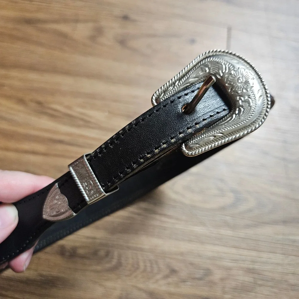 Brushy Creek Leather Western Belt 28 Woven Inlay Silver Engraved Buckle 4129